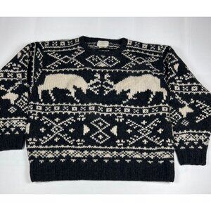 Vintage American Eagle Men L Black White Handknit Cowichan Style Wool Sweater